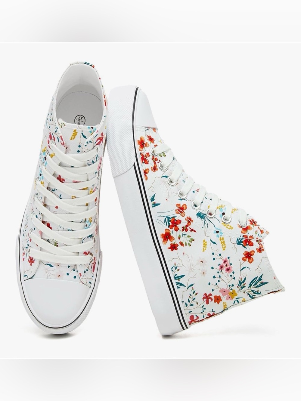 White Floral High-Top Canvas Sneakers for Women